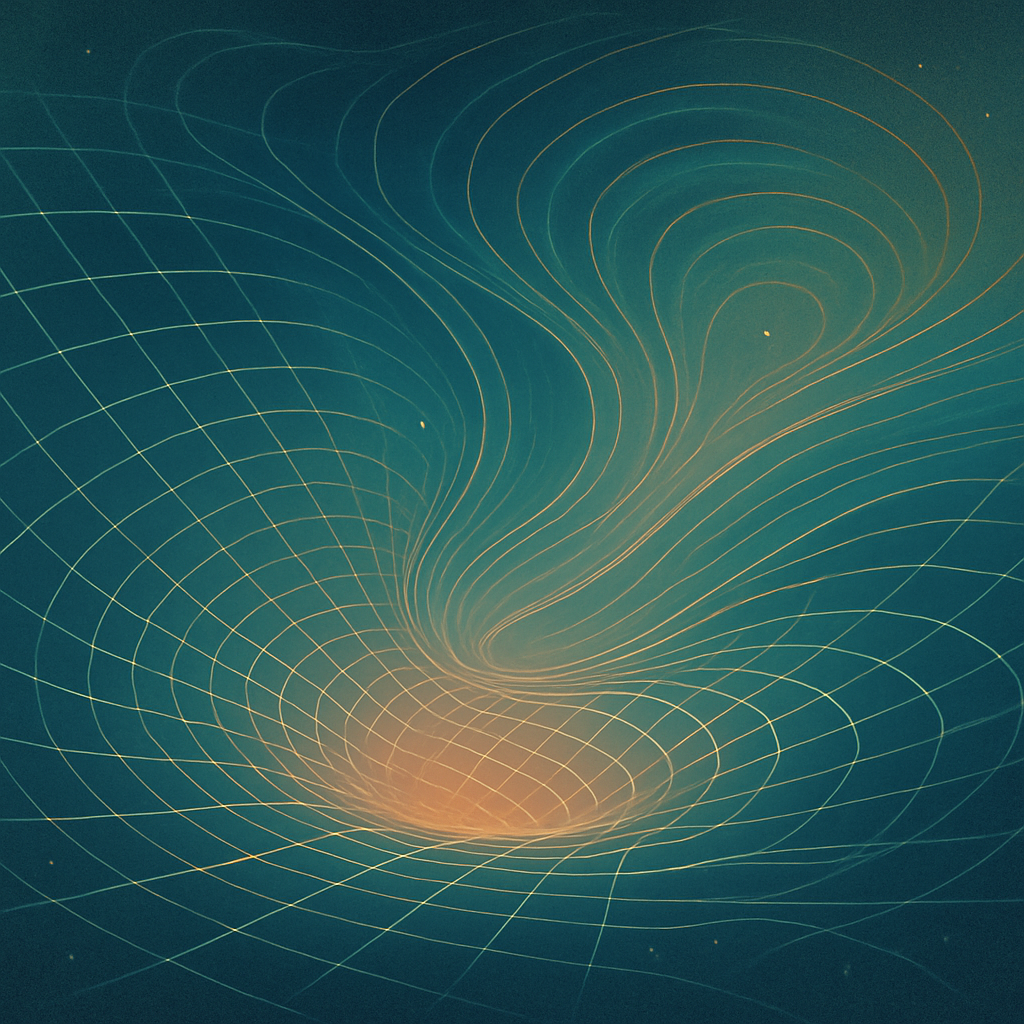 A softly glowing grid stretches across the frame, subtly warped in places by invisible influences. Hints of motion—arcs, eddies, and ripples—suggest unseen forces shaping the space. No discrete objects are visible, but gradients of color and tension imply structure. A field, not as background, but as the active medium of relation.